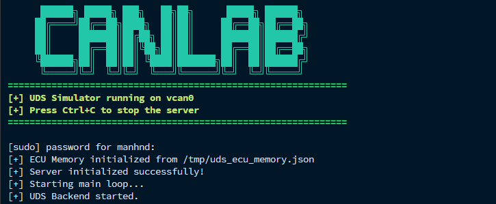 Terminal output showing the simulated UDS backend starting on the vcan0 interface