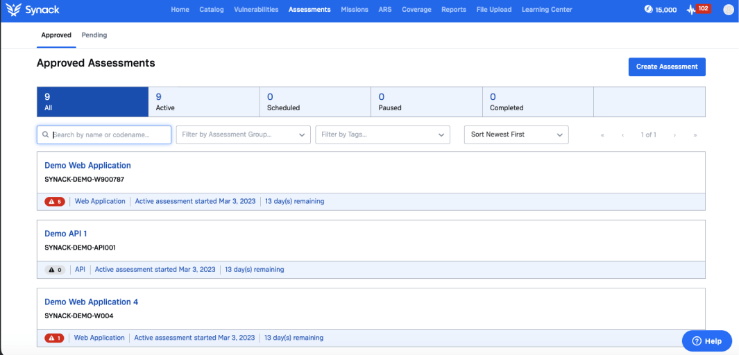 Synack All Assessments View