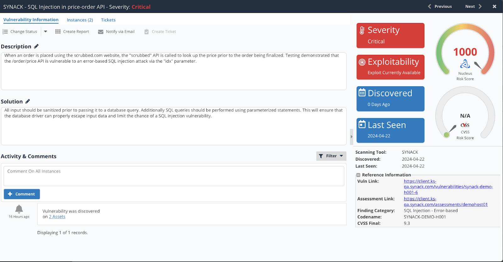 A dashboard showing vulnerability details of a SQL Injection in Price-Order API with "critical" severity and a risk score of 1,000 highlighted in red