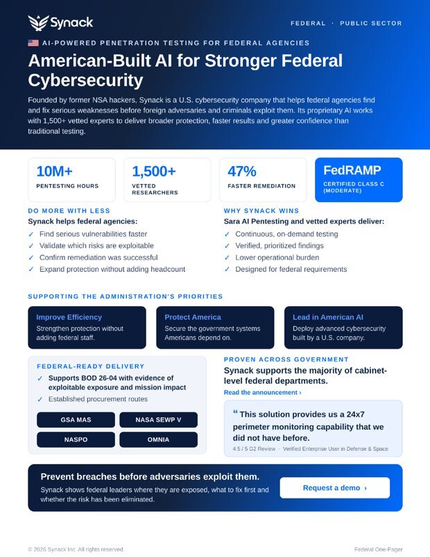 Cover of the Synack federal data sheet, American-Built AI for Stronger Federal Cybersecurity