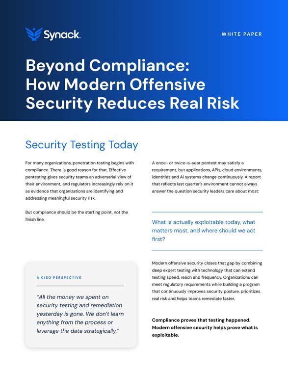 Cover of the Synack white paper, Beyond Compliance: How Modern Offensive Security Reduces Real Risk