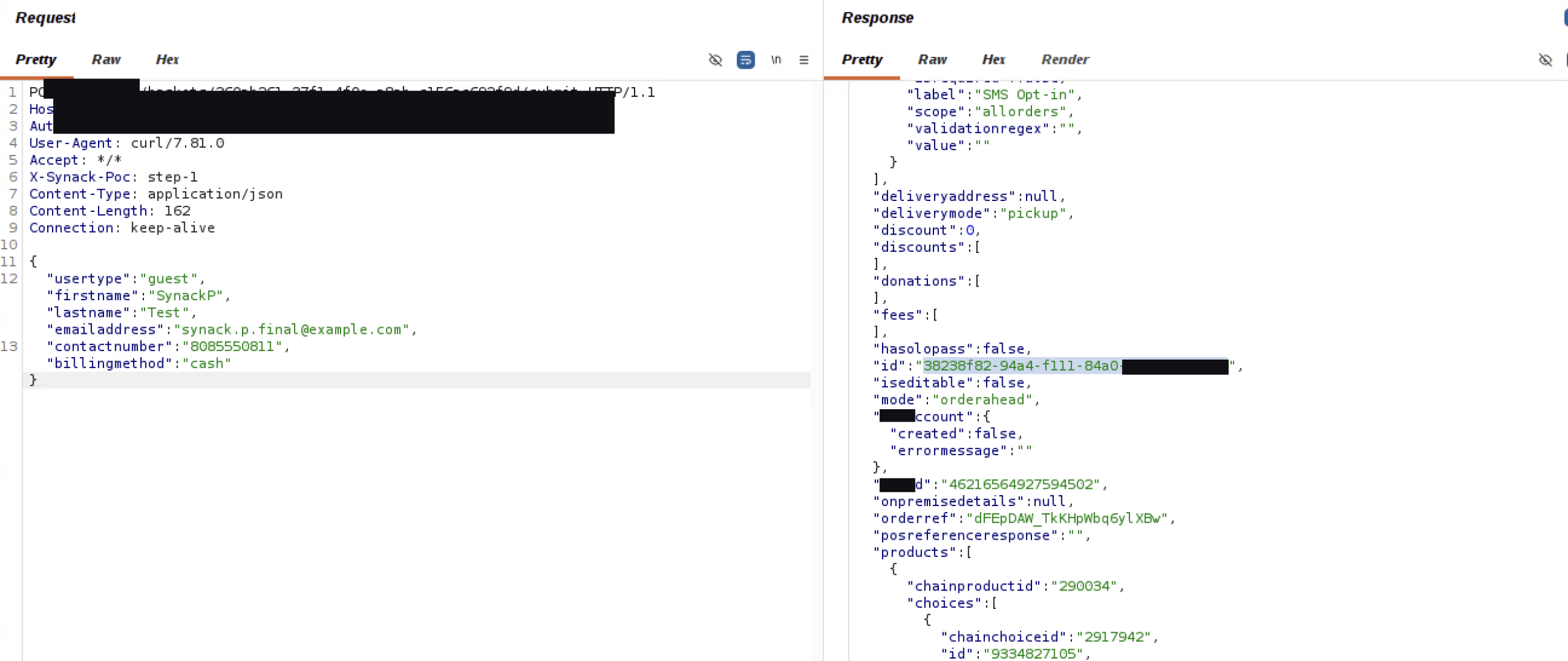Burp Suite showing the attacker's first guest order request, P, with fabricated guest details on the left and the new order's GUID highlighted in the JSON response on the right.