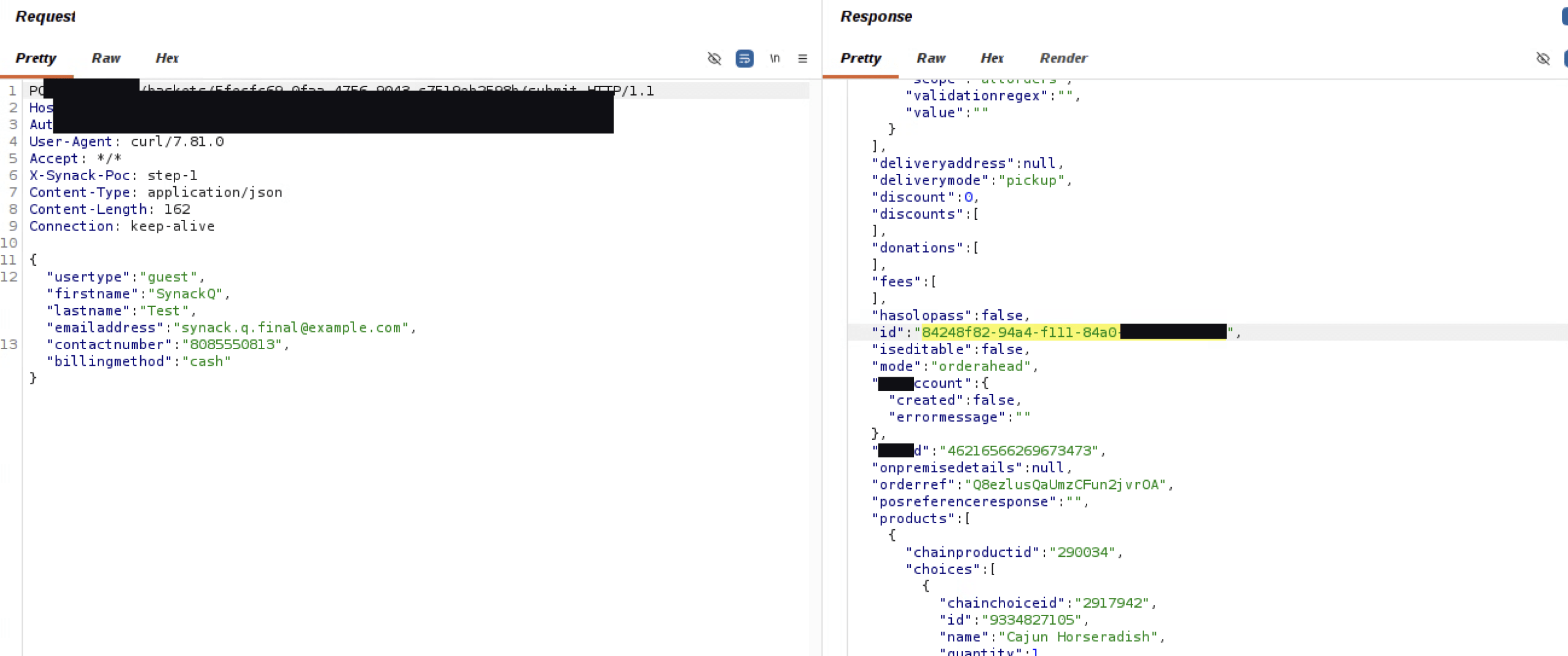 Burp Suite showing the attacker's last guest order request, Q, with fabricated guest details on the left and the new order's GUID highlighted in the JSON response on the right.