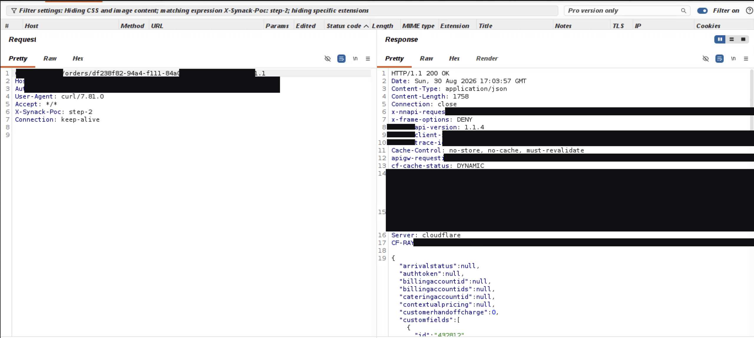 Burp Suite showing a GET request to the orders endpoint with an order GUID and a 200 OK JSON response, with the guest name, email, and phone fields returning null.