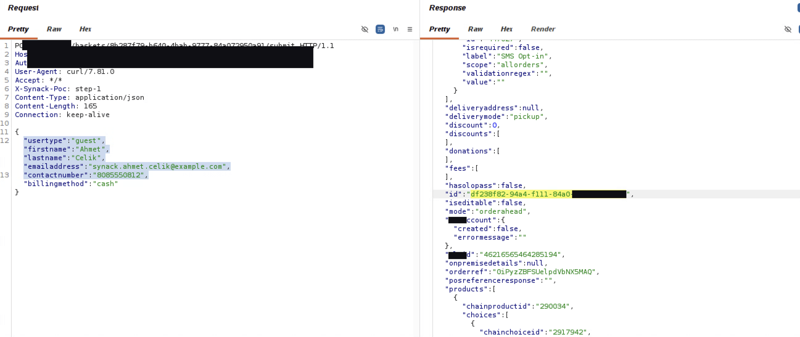 Burp Suite showing the seeded victim's guest order, placed between the two bracket orders, with a fabricated name, email, and phone number and the resulting order GUID highlighted in the response.