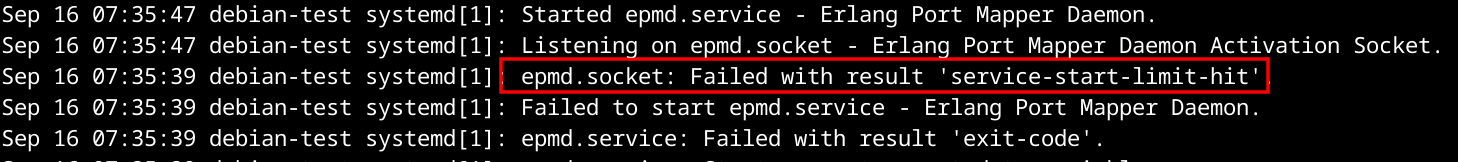Journalctl output showing epmd.socket failed with result service-start-limit-hit