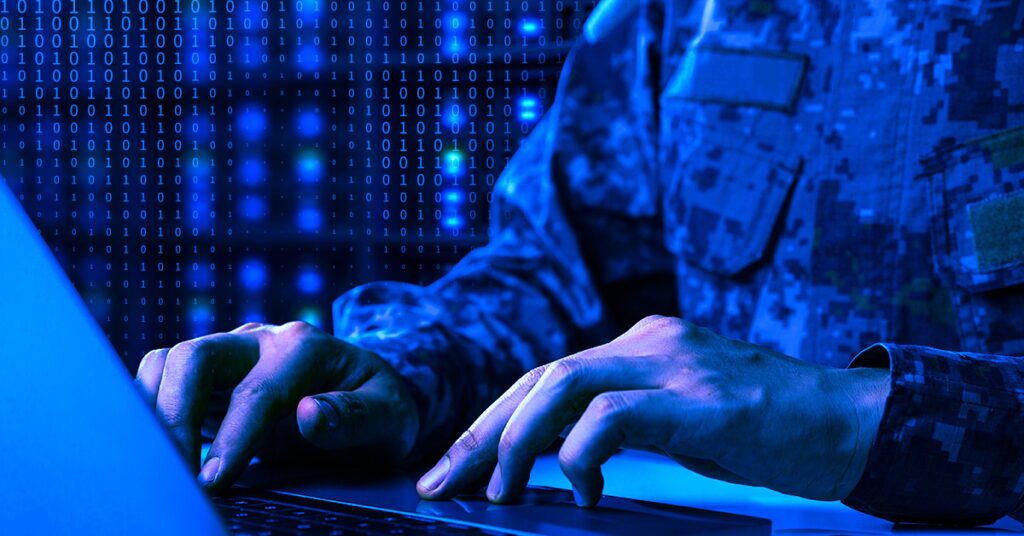 banner image of a U.S. military member at a computer with a digital blue overlay
