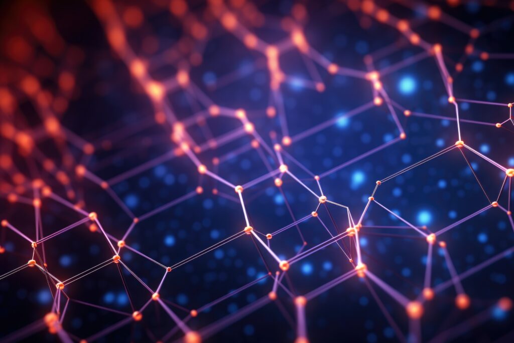 Cybersecurity network visualization showing connected digital nodes and secure data infrastructure