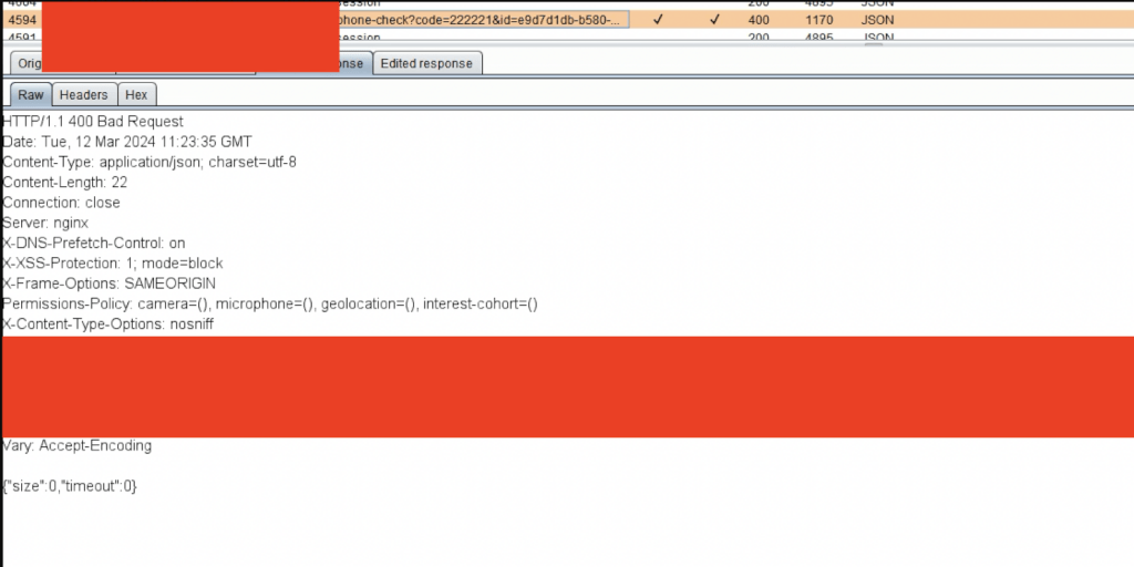 HTTP 400 Bad Request response in a web proxy tool showing JSON body with size and timeout values of zero.
