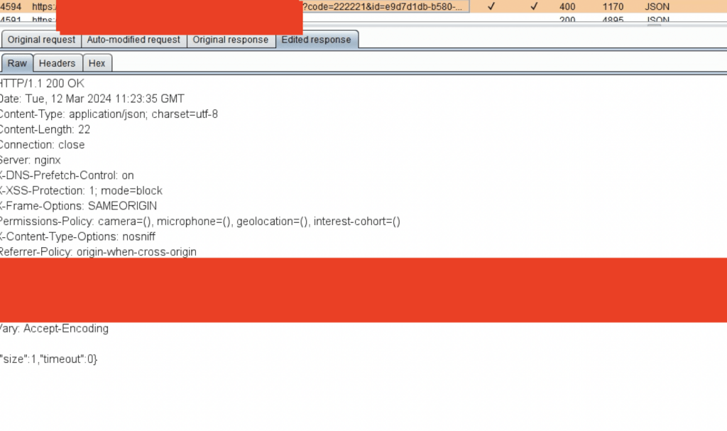 Web proxy tool showing an edited HTTP response modified from 400 to 200 OK, with the JSON body size value changed from 0 to 1.