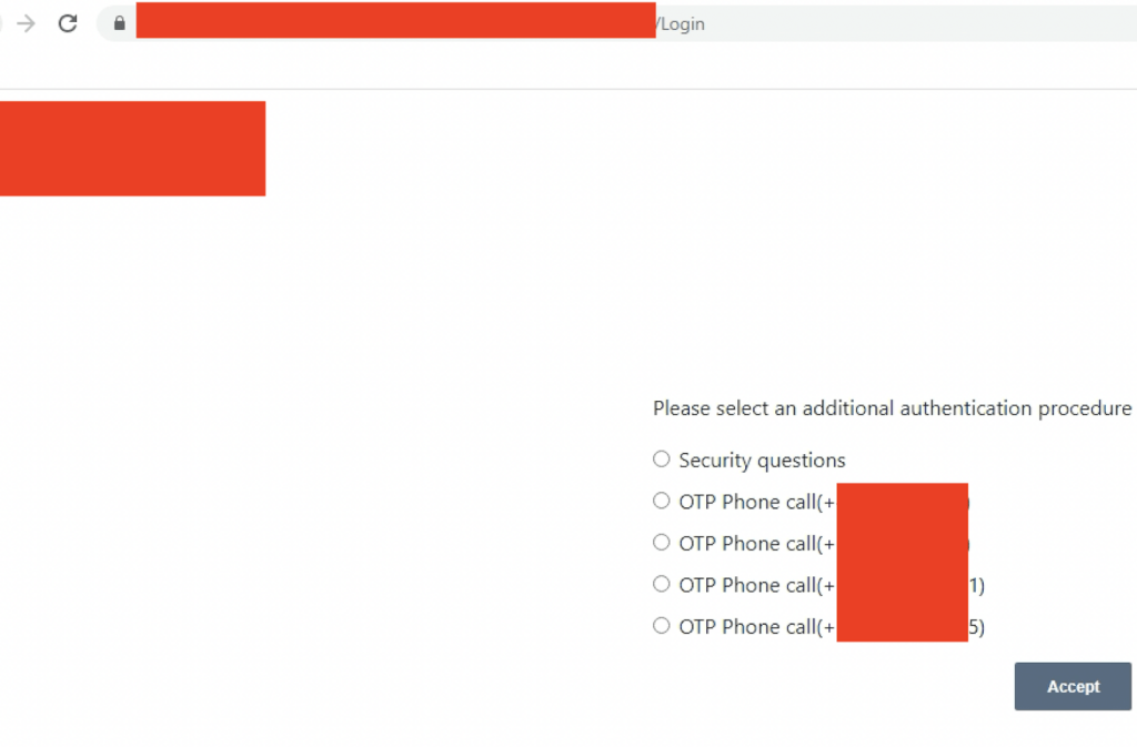 Additional authentication procedure selection screen showing options for security questions and multiple OTP phone call numbers, with an Accept button.