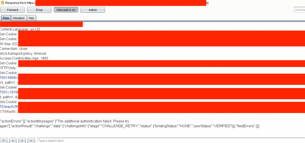 Burp Suite intercepted response showing a failed additional authentication attempt with a CHALLENGE_RETRY stage and VERIFIED user status in the JSON body.
