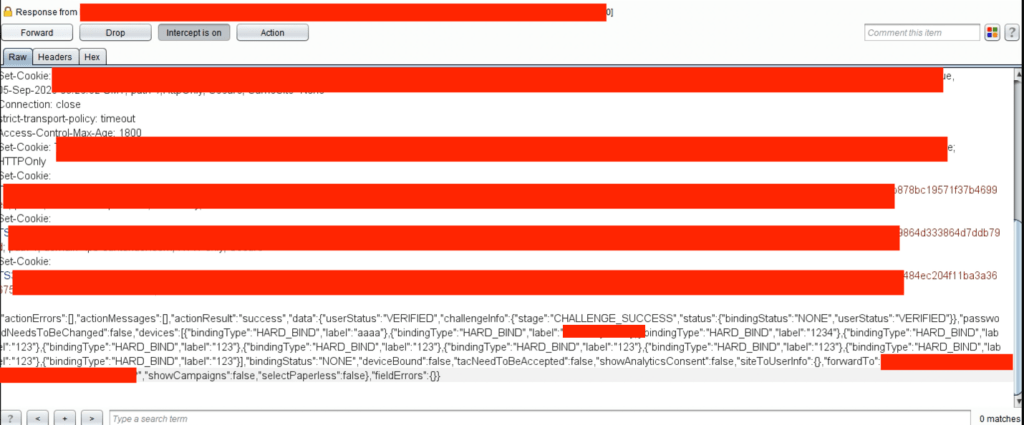 Burp Suite intercepted response showing a successful MFA challenge with CHALLENGE_SUCCESS stage, VERIFIED user status, and multiple HARD_BIND devices in the JSON body.