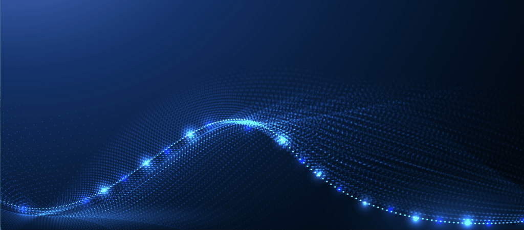 Blue abstract data wave with glowing network points symbolizing cybersecurity and digital connectivity.
