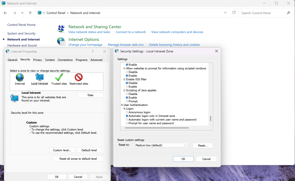 Windows Internet Options Security tab with Local Intranet zone custom settings open.