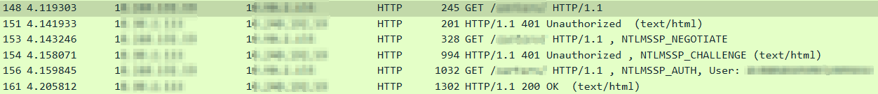 Wireshark capture of an NTLM HTTP authentication sequence ending in 200 OK