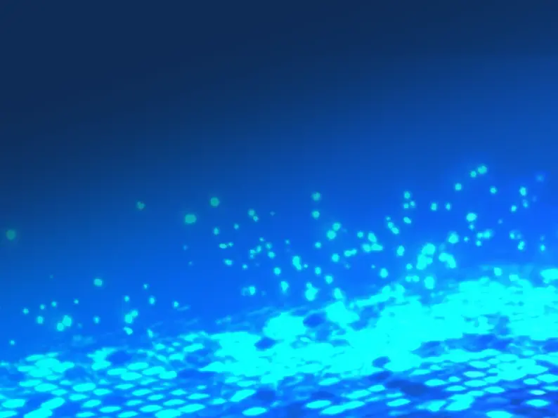 Abstract glowing blue particles rising from a bright cyan base, resembling bubbles or sparks.