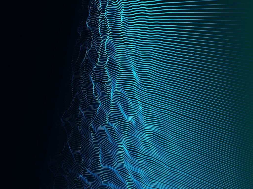 Abstract cyan waveform grid rippling across a dark background, resembling a data terrain.